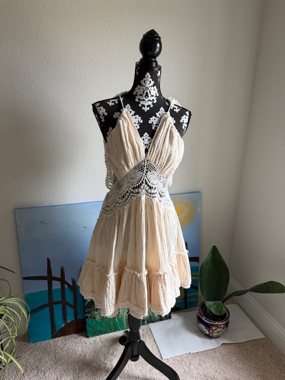 Backless Cream Crochet Waist Summer Dress